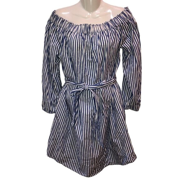 GAP Womens Medium Blue Striped Long Sleeve Off the Shoulder Summer Dress Size M - Picture 2 of 9